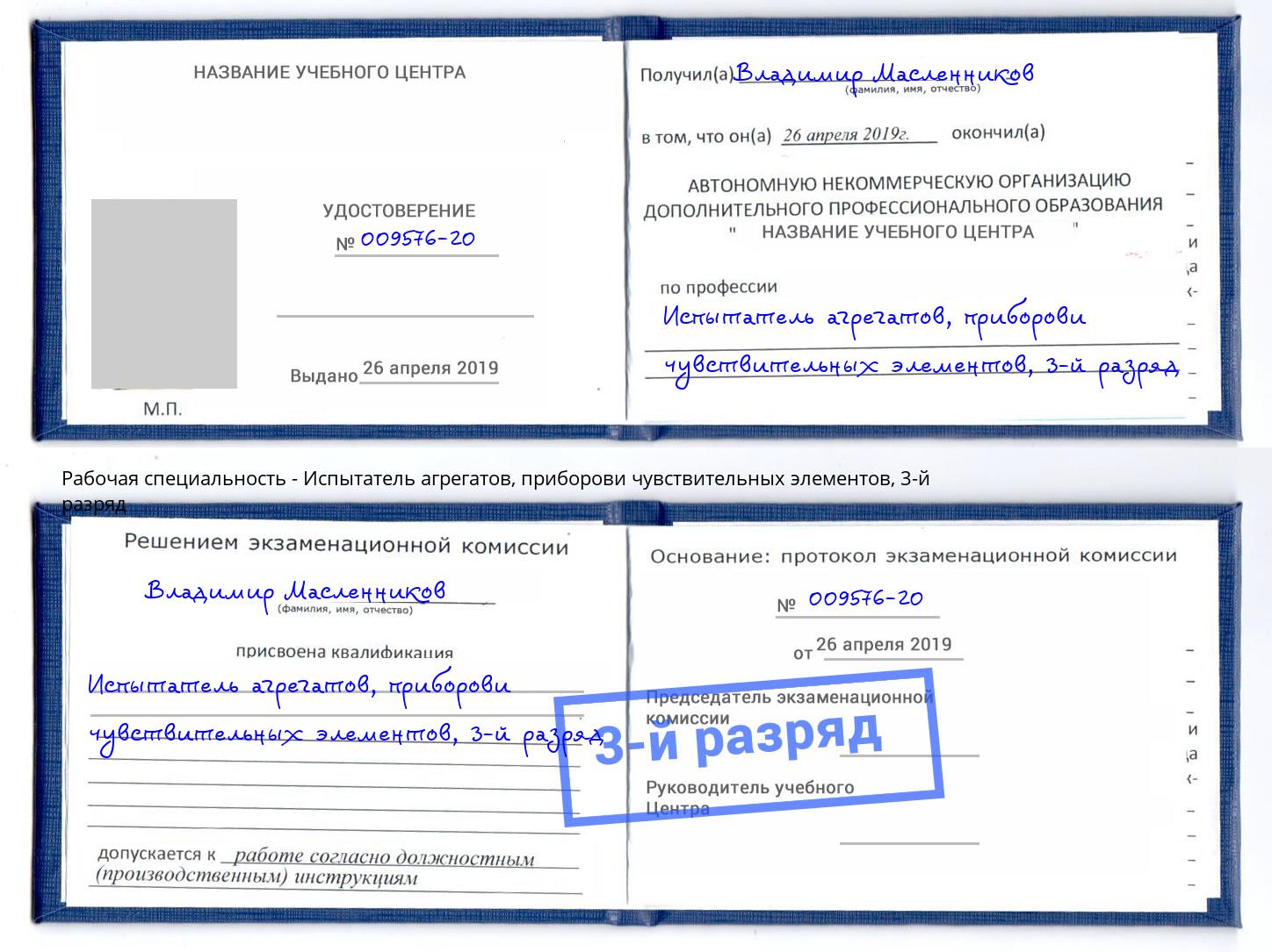 корочка 3-й разряд Испытатель агрегатов, приборови чувствительных элементов Скопин