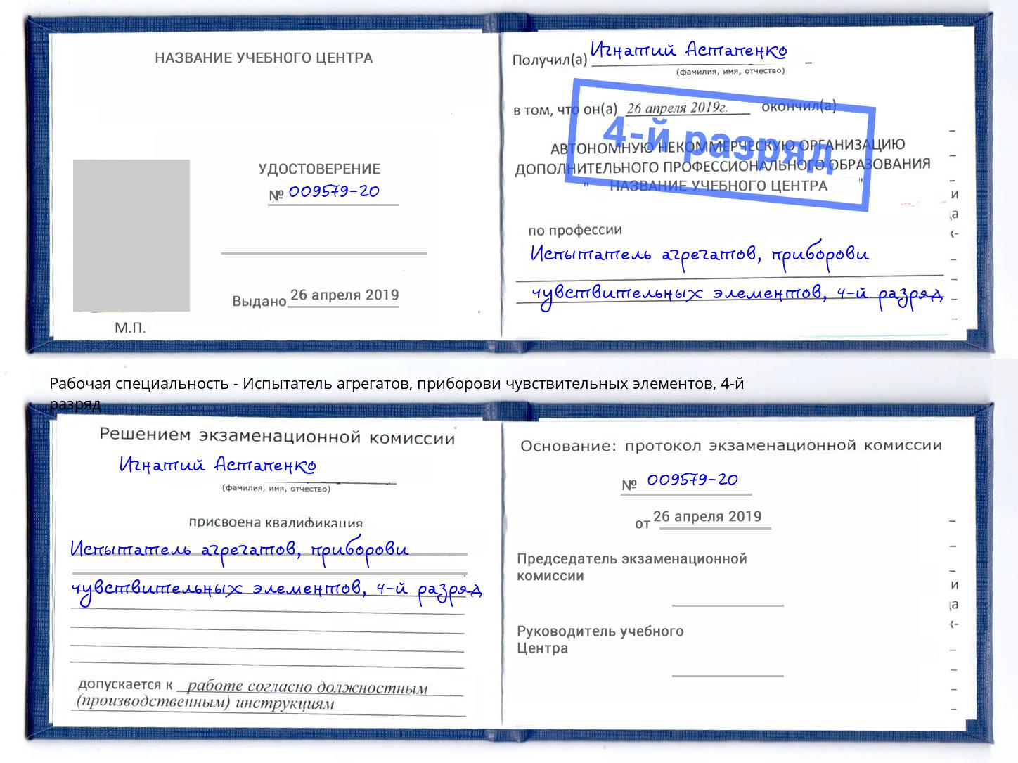 корочка 4-й разряд Испытатель агрегатов, приборови чувствительных элементов Скопин