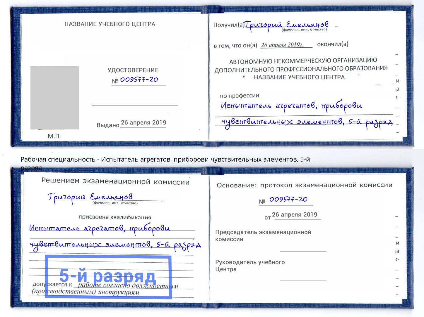 корочка 5-й разряд Испытатель агрегатов, приборови чувствительных элементов Скопин