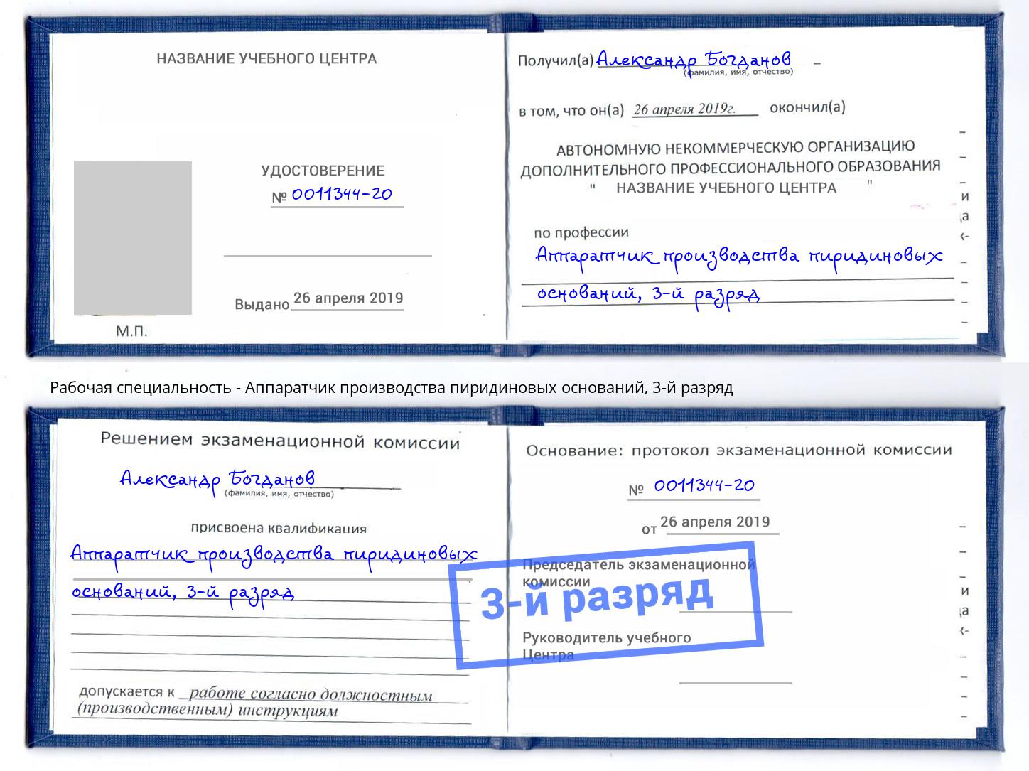 корочка 3-й разряд Аппаратчик производства пиридиновых оснований Скопин