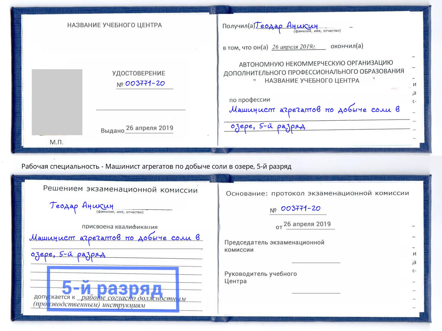 корочка 5-й разряд Машинист агрегатов по добыче соли в озере Скопин