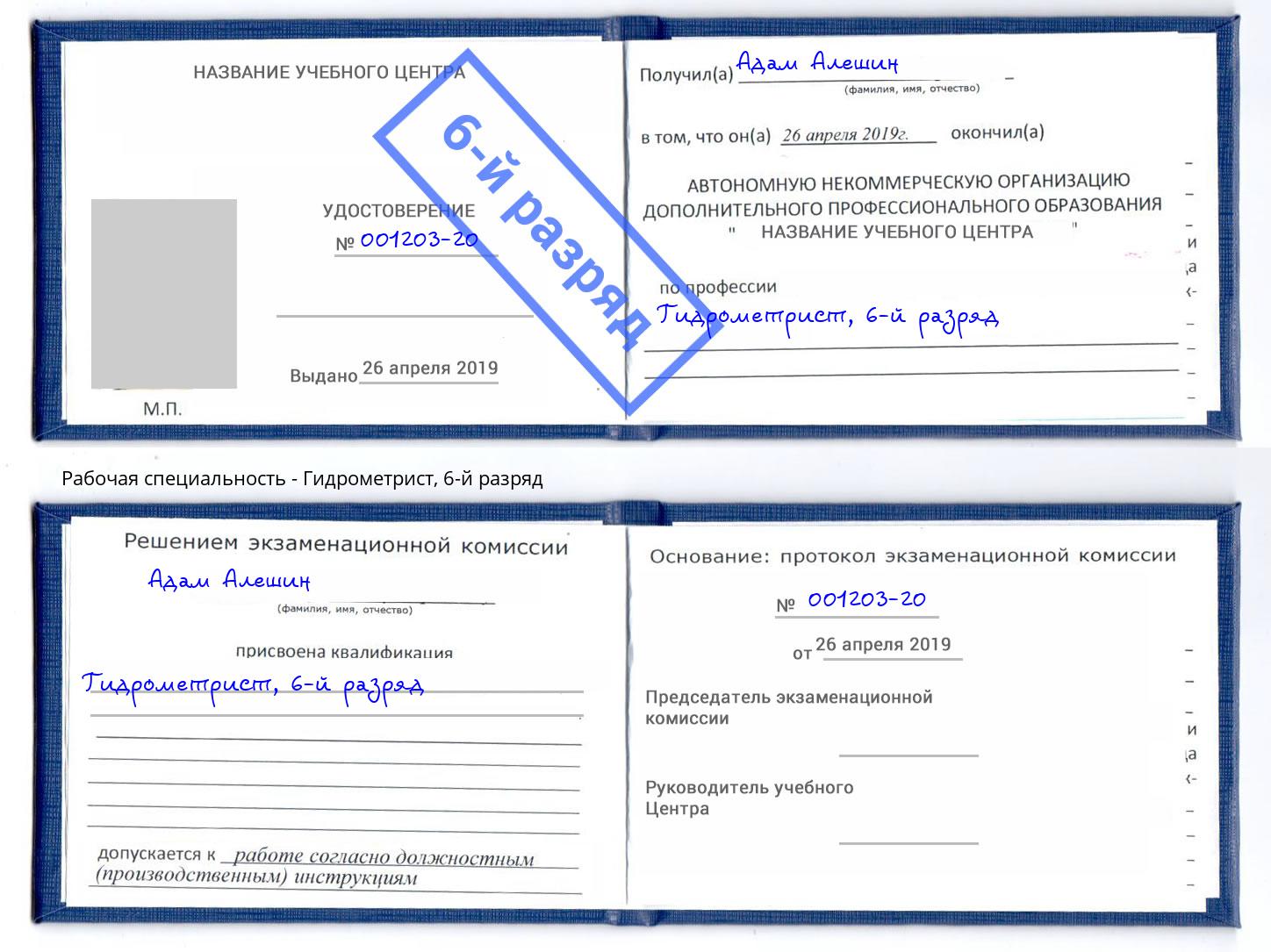 корочка 6-й разряд Гидрометрист Скопин