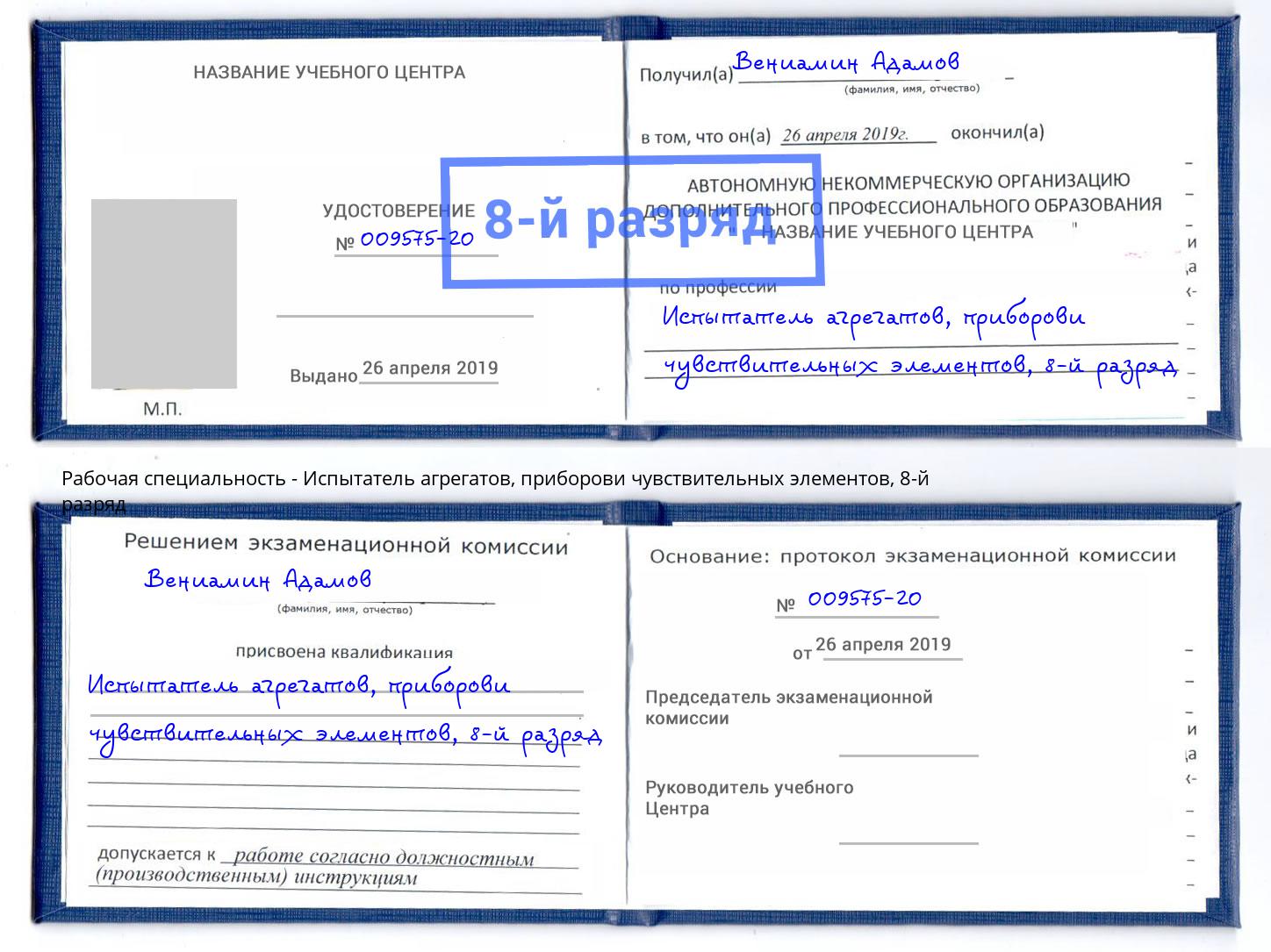 корочка 8-й разряд Испытатель агрегатов, приборови чувствительных элементов Скопин